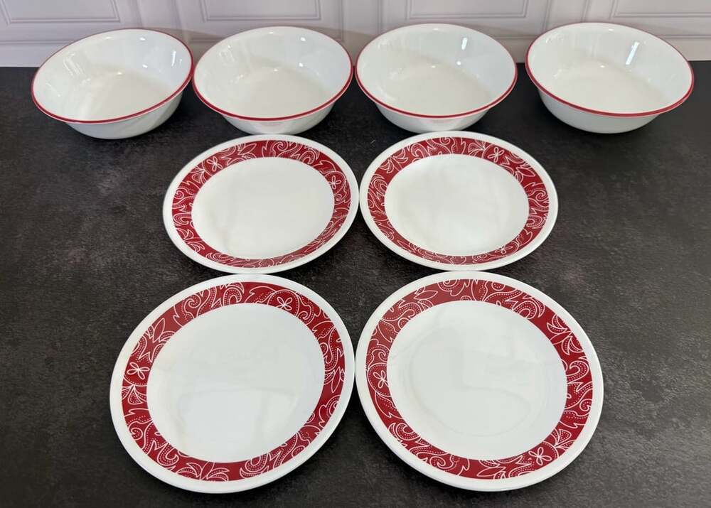 Corelle Vitrelle Bandhani Dinnerware Red White Paisley